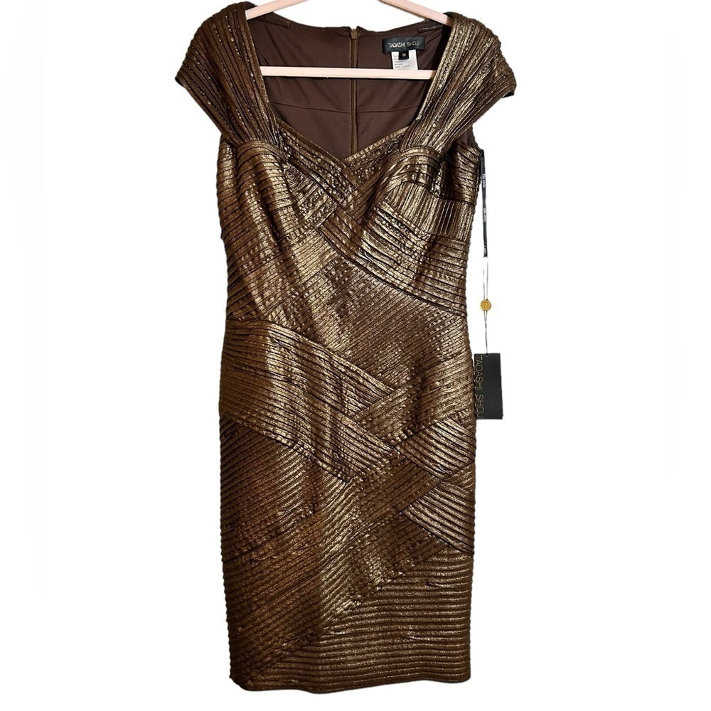 Tadashi Shoji Metallic Bronze Cap Sleeve Pintuck Cocktail Dress Size Medium - Picture 2 of 12